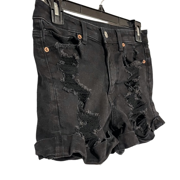 AMERICAN EAGLE MOM SHORTS Solid Black Zip Fly High Rise Roll Cuff Jeans Denim 4 - Picture 5 of 16